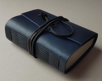 Handmade Navy leather journal 4" x 6" chunky style sketchbook travel diary 384 pages    (7506)