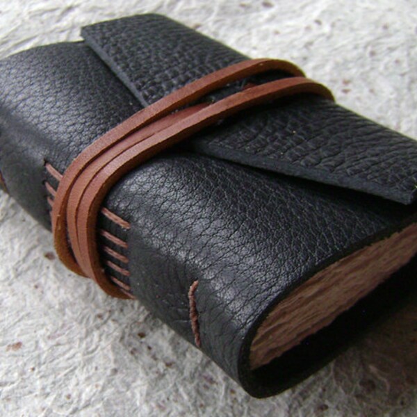 Pocket Journal 2.5"x 3.5", black with rustic brown tie, handmade leather journal (1262)