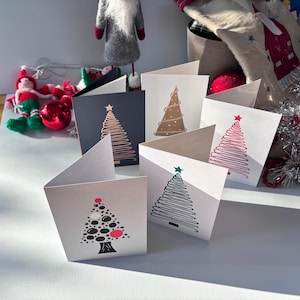 Pack of five handmade linocut Christmas cards - trees