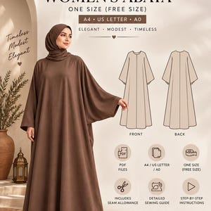 Abaya Sewing Pattern PDF, Women's Loose Kaftan Dress, One Size, A4 US Letter A0 Print-at-Home, Open-Front Option