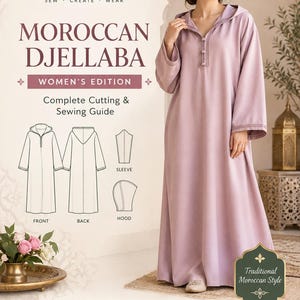 May include: A sewing pattern for a Moroccan Djellaba, featuring a light purple hooded robe with long sleeves and decorative front buttons. The document includes technical line drawings of the front, back, sleeve, and hood, with text: VELUNA PATTERNS.