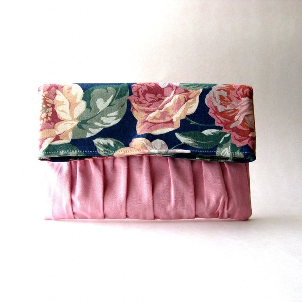 SALE - Fold Over Floral Pink Clutch, Fold over, handbag, clutch, pouch - Delicada Fold Over Clutch in pink / floral Cotton