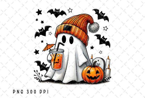 Digital Files:Cute Ghost Coffee Pumpkin Halloween PNG