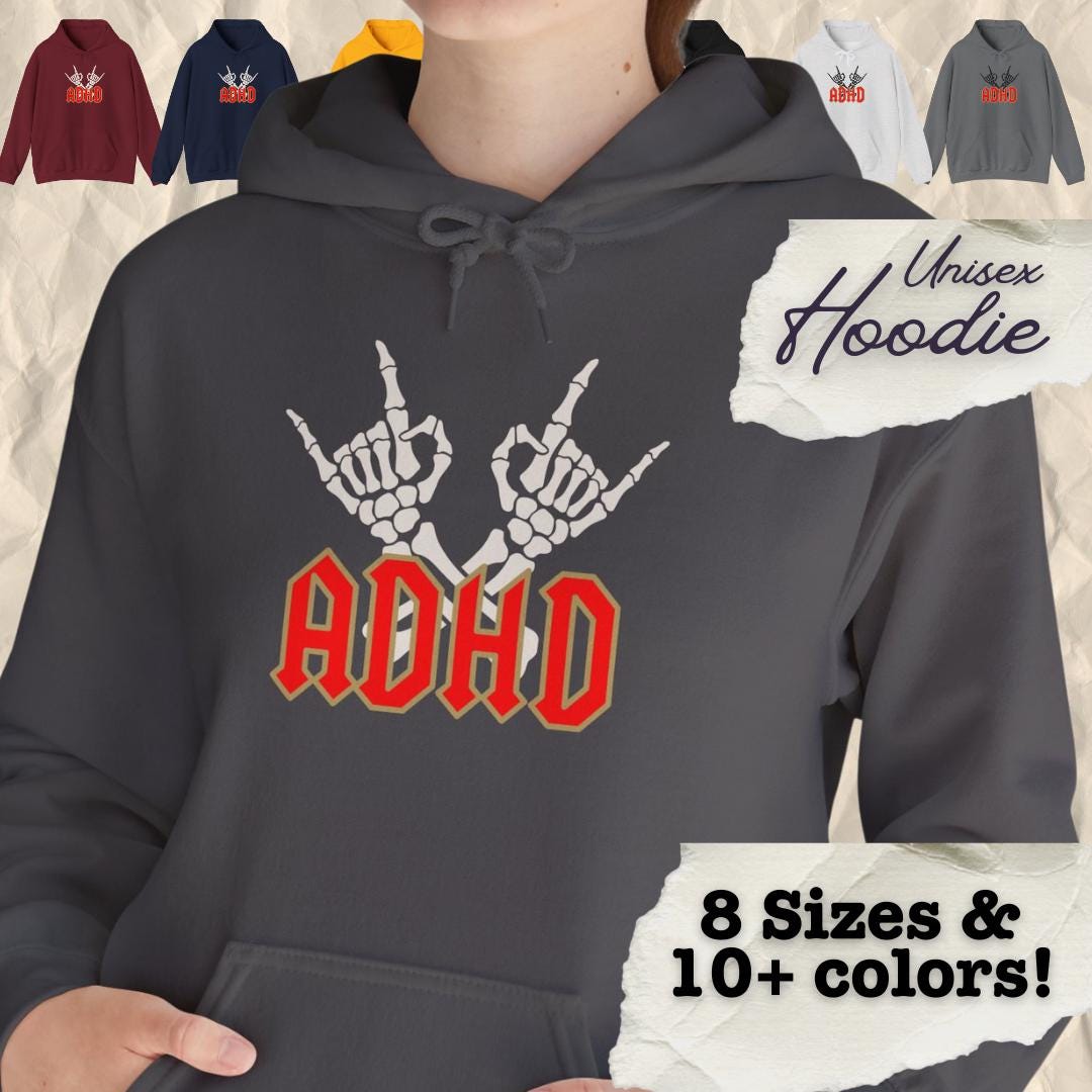 ADHD Rock Hands Hoodie • Skeleton Arms AC/DC Parody Hoodie • Funny Adhd ...