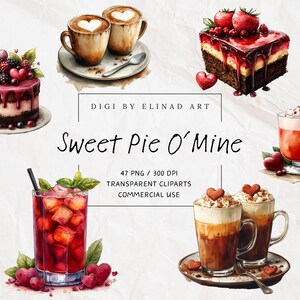 Valentinstag Clipart Bundle, süßes PNG-Set für Scrapbooking, reizende Getränke- und Kuchengrafik für handgemachte Projekte