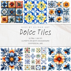 Siciliaanse tegel clipartset, blauwe en gele png-afbeeldingen, Italiaanse keramische patroonbundel, mediterrane digitale kunst voor scrapbooking en ambacht