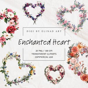 Conjunto de clipart de guirlanda de coração floral – Pacote PNG de aquarela para Dia das Mães, casamento romântico, convites e cartões artesanais