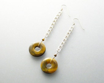 Natural Tigers Eye Large Donut Sterling Silver Earrings