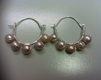 Sterling Silver Hammered Earrings with Pink Freshwater Pears