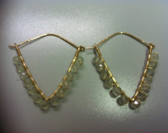 Yellow Gold Filled Earrings Hammered with Prenite Faceted Gemstones