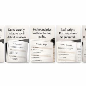 May include: A series of white cards and booklets with text. The text includes phrases like "Stop Overthinking What to Say" and "Set boundaries without feeling guilty." The booklets contain lists of phrases and scripts.