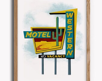 Western Motel Art Print: Route 66, Mid-Century Modern Home Decor