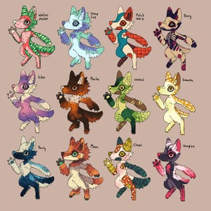 Puede incluir: Una ilustración digital que presenta doce personajes de zorro antropomórficos con varios esquemas de color y patrones, etiquetados como Watermelon, Snow Fall, Patch Work, Bony, Eden, Mocha, Undead, Banana, Pearly, Mesa, Chaos y Vampire.