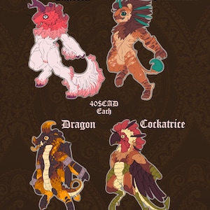 May include: Four fantasy creature illustrations: a unicorn, manticore, dragon, and cockatrice. The unicorn is white and pink, the manticore is orange and brown, the dragon is yellow and black, and the cockatrice is brown and red. Each creature is labeled with its name.