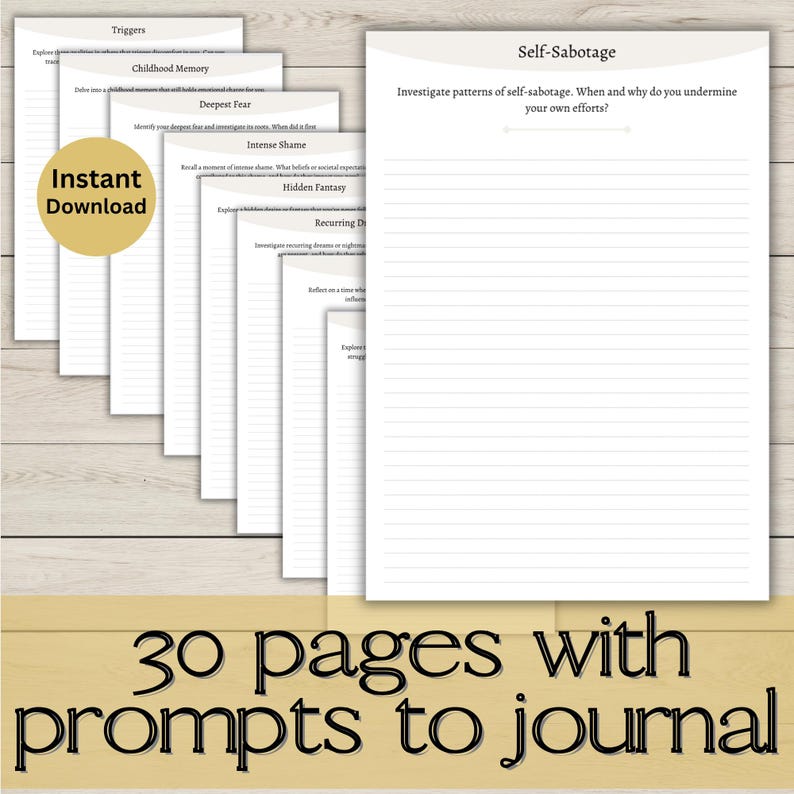 Pode incluir: Um di&aacute;rio imprim&iacute;vel com 30 p&aacute;ginas de prompts para ajud&aacute;-lo a explorar a sabotagem de si mesmo, mem&oacute;rias da inf&acirc;ncia, vergonha intensa e outros t&oacute;picos. As p&aacute;ginas do di&aacute;rio s&atilde;o brancas com linhas pretas e texto.