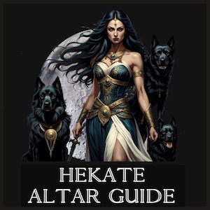 May include: A woman with long black hair and a dark blue and gold dress stands in front of a full moon. She is holding a sword in her right hand and has two black dogs by her side. The text "HEKATE ALTAR GUIDE" is at the bottom of the image.