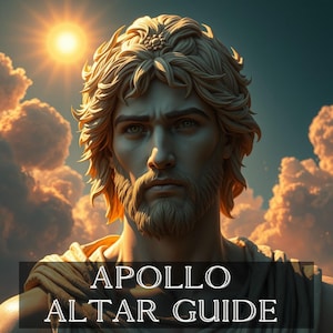 May include: A digital illustration of Apollo, the Greek god of music, poetry, prophecy, healing, plague, light, and knowledge. The image is set against a backdrop of a cloudy sky with a bright sun shining through the clouds. The text "APOLLO ALTAR GUIDE" is displayed at the bottom of the image.