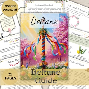 Puede incluir: Una guía colorida para celebrar Beltane, una festividad pagana que marca el comienzo de la primavera. La guía incluye información sobre alimentos tradicionales, artesanías, rituales y correspondencias. La portada presenta un mayo colorido con cintas y flores.