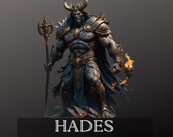 May include: A digital illustration of Hades, the Greek god of the underworld, standing with a staff and a flaming torch. The image is titled "Hades Altar Guide".