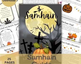 May include: A printable guide to celebrating Samhain, the Celtic New Year, with information on traditional foods, crafts, and decorations. The guide features a black and white illustration of a witch flying on a broomstick in front of a full moon, with a pumpkin and a graveyard in the foreground. The text "Samhain Guide" is written in gold letters.