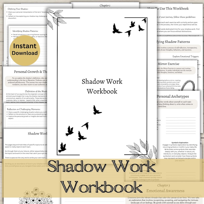 Pode incluir: Um livro de trabalho preto e branco com o t&iacute;tulo "Shadow Work Workbook" na capa. A capa apresenta uma s&eacute;rie de p&aacute;ssaros pretos voando em forma&ccedil;&atilde;o de V sobre um fundo branco.