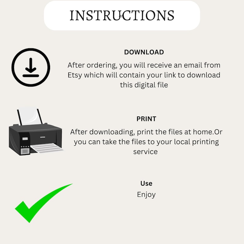 Pode incluir: Instru&ccedil;&otilde;es para baixar e imprimir um arquivo digital. As instru&ccedil;&otilde;es incluem um &iacute;cone de download, um &iacute;cone de impressora e uma marca de verifica&ccedil;&atilde;o. O texto diz "Baixar", "Ap&oacute;s fazer o pedido, voc&ecirc; receber&aacute; um e-mail do Etsy que conter&aacute; seu link para baixar este arquivo digital", "Imprimir", "Ap&oacute;s baixar, imprima os arquivos em casa. Ou voc&ecirc; pode levar os arquivos para sua gr&aacute;fica local", "Usar", e "Aproveitar".
