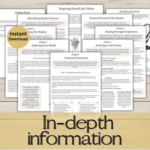 Pode incluir: Um livro de trabalho imprim&iacute;vel com o t&iacute;tulo "Informa&ccedil;&otilde;es detalhadas" e cap&iacute;tulos sobre o trabalho da sombra, perdoar a si mesmo e aos outros, crescimento pessoal e a sombra, cura atrav&eacute;s do perd&atilde;o, arqu&eacute;tipos e persona, e consci&ecirc;ncia emocional. O livro de trabalho foi projetado para ajudar as pessoas a entenderem suas emo&ccedil;&otilde;es e a curarem traumas passados.
