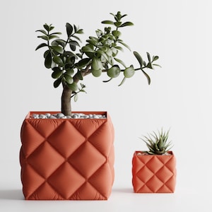 May include: Two square terracotta-colored planters with a quilted, tufted texture. The larger planter holds a jade plant with green leaves, while the smaller planter contains a spiky succulent. Both pots are filled with small white pebbles.