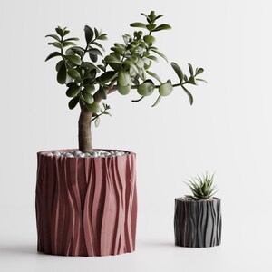 May include: A large cylindrical terracotta-colored planter with a vertical wavy texture containing a green jade plant, paired with a smaller matching charcoal-gray cylindrical planter featuring the same wavy pattern and a small succulent plant.