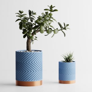May include: Two cylindrical planters in light blue with a textured chevron pattern and a solid copper-colored base. The larger planter holds a green jade plant, while the smaller planter contains a small succulent, both with white pebbles.
