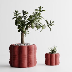 May include: Two cylindrical planters with a quilted, tufted texture in a muted red color. The larger planter holds a green jade plant with thick, rounded leaves, while the smaller planter contains a small, spiky succulent plant.