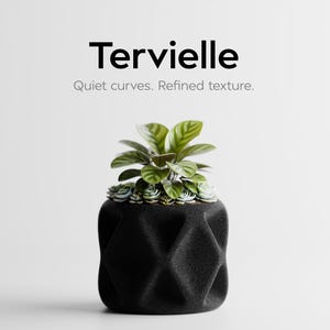 May include: A black geometric planter with a small green plant and succulents. The planter has a textured surface and is filled with soil. The text "Tervielle" and "Quiet curves. Refined texture." are displayed above the planter.