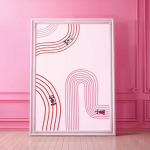 affiche F1 minimaliste rose et rouge | Art mural F1 et impression numérique | Cadeau de Formule 1 pour les fans de course | Décoration rose et rouge Formule 1