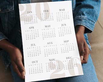 2026 Minimalist Calendar: Single Page Year-at-a-Glance (Digital Download)