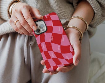 F1 MagSafe iPhone Case: Pink Red Checkerboard, Formula 1 Gift