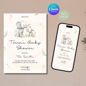 Floral Elephant Baby Shower Invitation: Editable Template (Digital Download)