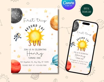 First Trip Around The Sun Birthday Invitation: Space Theme 1st Birthday (Digital Download)
