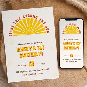 Boho First Trip Around the Sun Birthday Invitation_First Birthday Party_Groovy 1st Birthday_Digital Editable Template_Mobile Invite