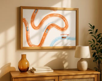 Póster horizontal de McLaren F1: Arte minimalista de carreras en naranja y azul (Impresión digital)