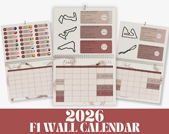 May include: A 2026 FI wall calendar displaying Formula 1 race circuits and schedules. The calendar includes monthly grids, track layouts, and race details. The design uses a neutral colour palette with brown and white tones, and includes flags.