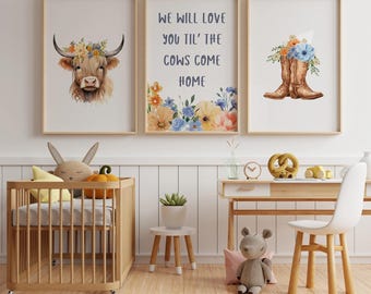 Highland Cow Nursery Prints: Watercolor Farm Animal Decor (Digital Download)
