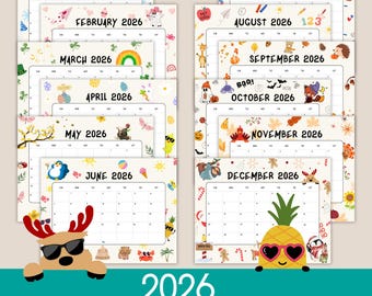 Calendrier 2026 pour enfants à imprimer, calendrier d'école à la maison (téléchargement numérique)