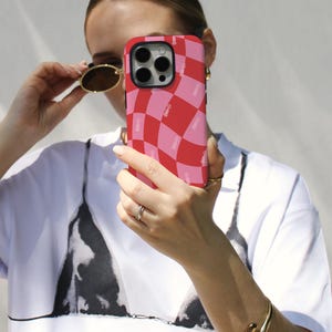 F1 Phone Case Pink and Red Checkerboard Design, Trendy Formula 1 Gift, Girly F1 Merch, Cute Phone Case for iPhone 15 & 16 Pro