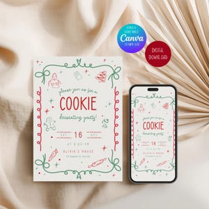 May include: A digital invitation for a cookie decorating party, featuring a festive design with red and green accents. The invitation includes the text "COOKIE decorating party!" and event details. A smartphone displays the same invitation.