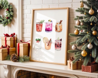 Lámina de cócteles navideños en acuarela, decoración para carrito de bar navideño (descarga digital)