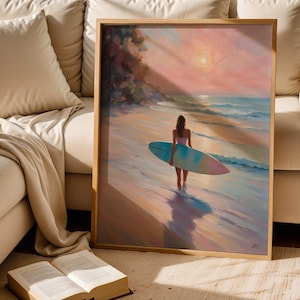Pink Surfboard Wall Art: Beach Girl Coastal Print (Digital Download)