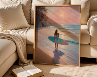 Pink Surfboard Wall Art: Beach Girl Coastal Print (Digital Download)