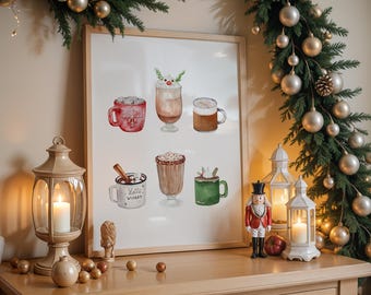Watercolor Winter Drinks Art Print, Christmas Hot Cocoa (Digital Download)