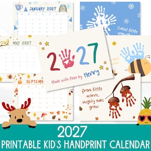 Op de afbeelding: Een verzameling printbare handafdruk kalenders voor kinderen voor 2027. Elke maand heeft een ander seizoensgebonden thema, met handafdruk kunst en decoratieve elementen. De kalenders bevatten tekst zoals "Januari 2027" en "Made with love by Henry".