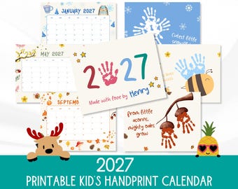 Calendario stampabile con impronte di mani per bambini 2027, ricordo del bebè (download digitale)